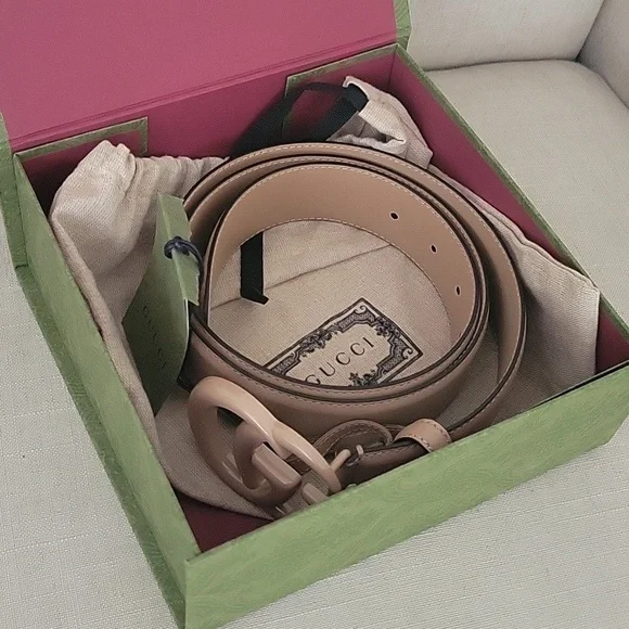 Gucci Belt Azalea Calfskin Enamel Monochrome Double G 20 mm Belt 100 40 Camelia - Picture 2 of 10